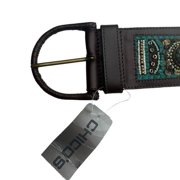 Chicos Caracas Slouch Belt Turquoise Leather Beaded Size Large - Picture 4 of 12